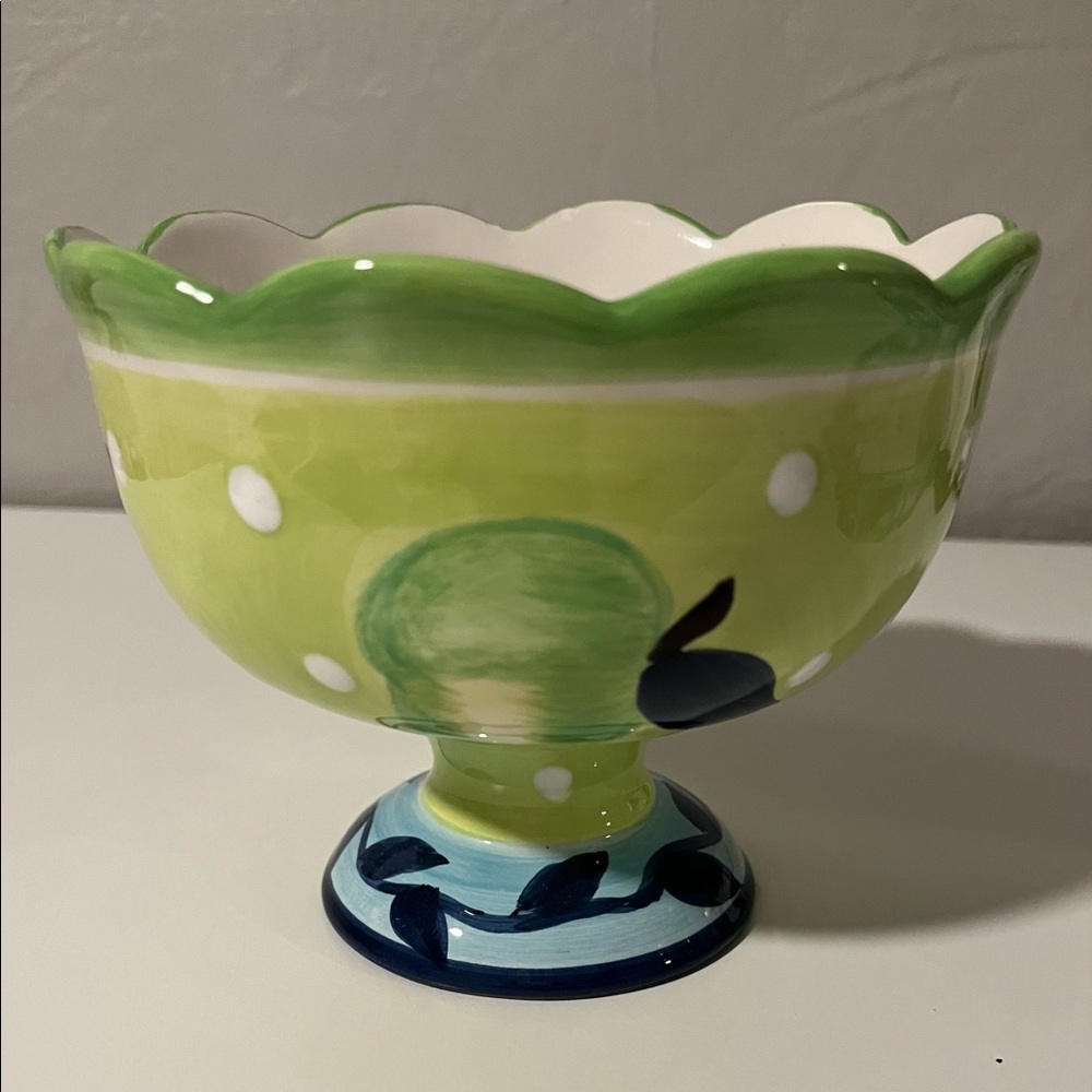 HausenWare Green Blue Polka Dots Apples Compote Pedestal Bowl 5” Tall
